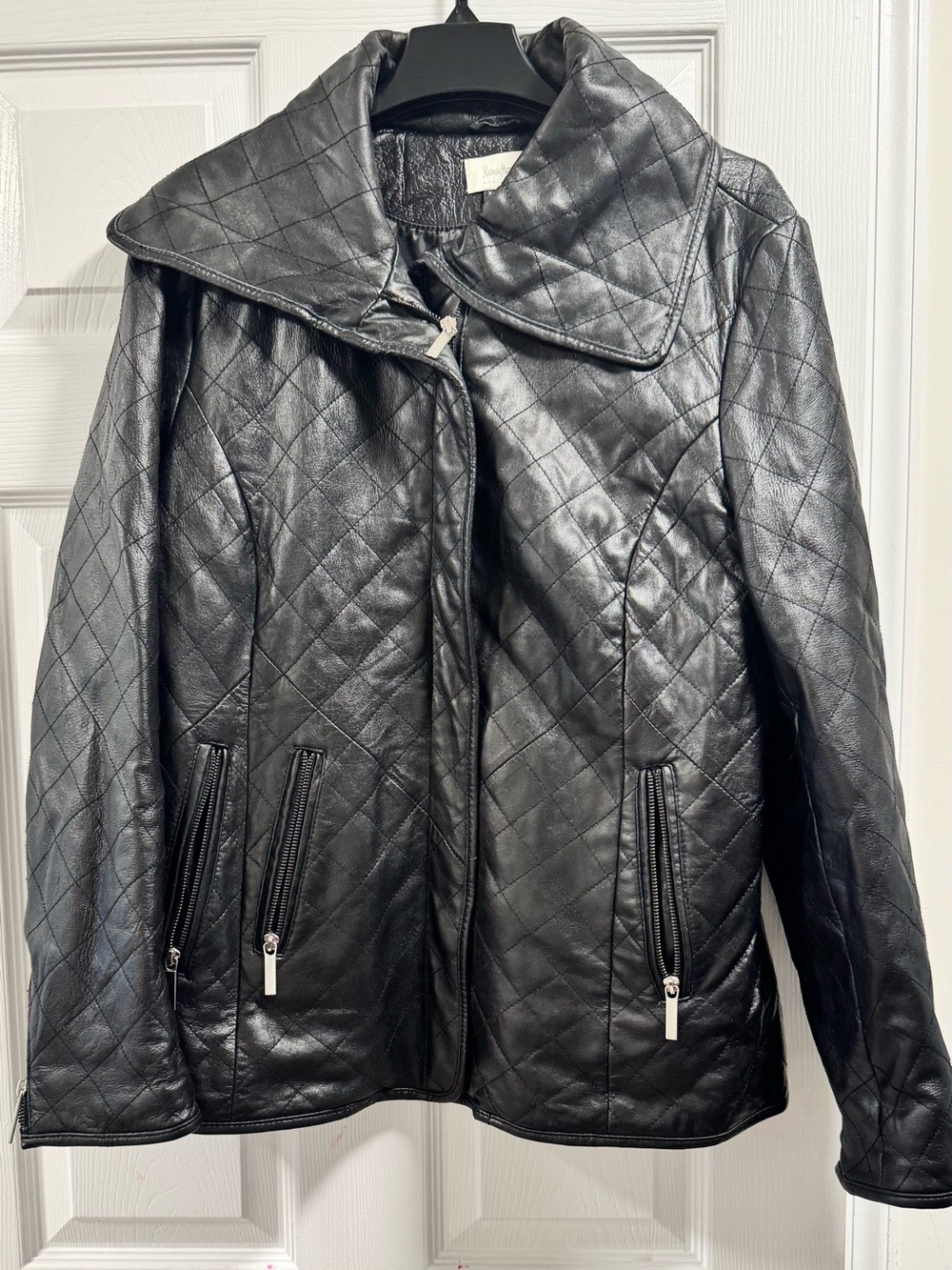 Neiman Marcus Quilted Black Leather Jacket with Wide Collar